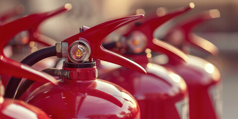 Row of many Fire Extinguishers. Close-up of lots of red fire extinguishers, nobody, wallpaper.