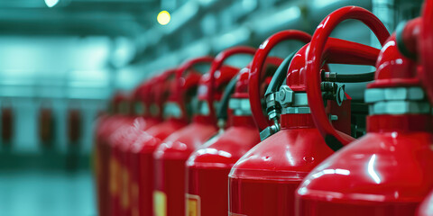 Row of lots of Fire Extinguishers. Close-up of lots of red fire extinguishers, nobody, wallpaper.