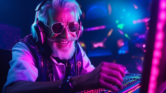 Happy elder man in headphone streamer playing video game with winner expression at gaming room, neon color