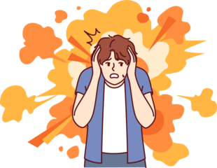 Frightened man gets scared by explosion and covers ears with hands to avoid stunning or concussion. Frightened guy stands near bright smoke, clutching head and afraid to turn back.