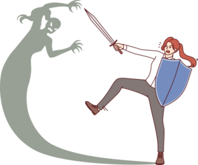 Woman fights with own shadow, holding shield and sword for concept overcomes internal fears and barriers. Brave girl overcomes fear and gets rid of phobia that interferes with personal growth