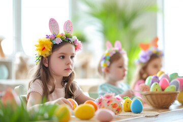 Children with bunny ears and flower crowns engage in Easter egg decorating in kindergarten. The image radiates a cheerful, family-oriented mood, perfect for holiday-themed projects.