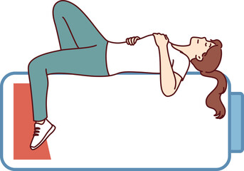 Woman sleeps on empty battery, trying to restore strength and energy after difficult day at work. Girl sleeps to recharge and needs long rest due to fatigue and overload during work