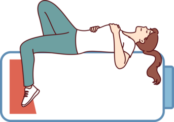 Woman sleeps on empty battery, trying to restore strength and energy after difficult day at work. Girl sleeps to recharge and needs long rest due to fatigue and overload during work