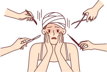 Frightened woman touching face after plastic surgery operation near doctors hands with scalpel and scissors. Girl with bandages on head suffered due to poor-quality cosmetic plastic surgery services