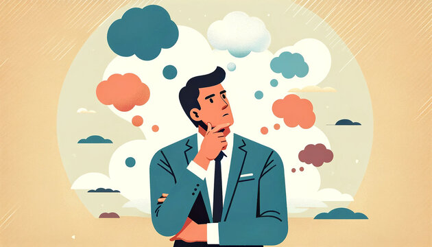 A contemplative man in a suit stands thinking, surrounded by a cloud of colorful thought bubbles against a stylized background.Concept of ideas and decisions. AI generated.