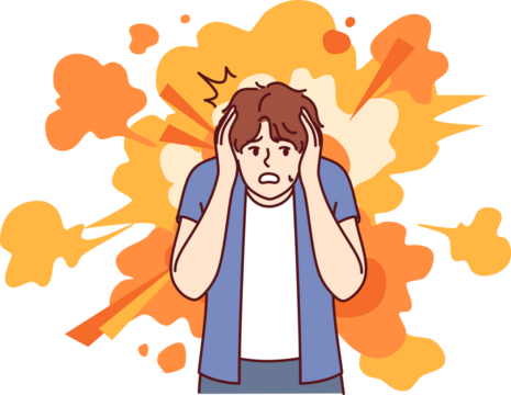 Frightened man gets scared by explosion and covers ears with hands to avoid stunning or concussion. Frightened guy stands near bright smoke, clutching head and afraid to turn back.