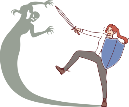 Woman fights with own shadow, holding shield and sword for concept overcomes internal fears and barriers. Brave girl overcomes fear and gets rid of phobia that interferes with personal growth