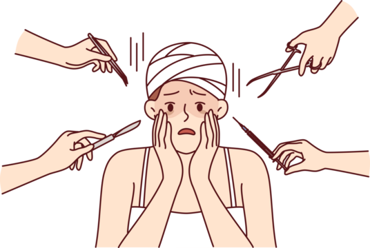 Frightened woman touching face after plastic surgery operation near doctors hands with scalpel and scissors. Girl with bandages on head suffered due to poor-quality cosmetic plastic surgery services