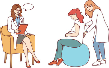 Pregnant woman undergoes courses for expectant mothers sits on inflatable fitness ball