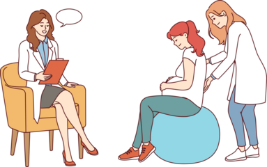 Pregnant woman undergoes courses for expectant mothers sits on inflatable fitness ball