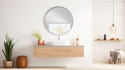 Scandinavian Bathroom interior, Modern white sink, wood counter with round mirror and flowers. - obrazy, fototapety, plakaty