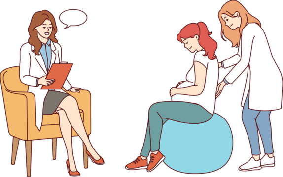 Pregnant woman undergoes courses for expectant mothers sits on inflatable fitness ball