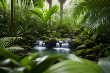A lush tropical rainforest with exotic plants