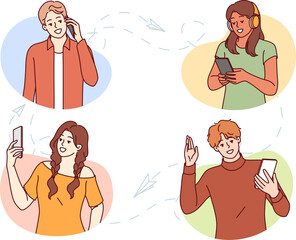 People use mobile phones to make calls and exchange messages or video communications via messengers