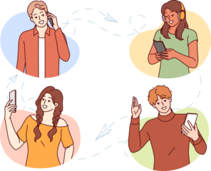 People use mobile phones to make calls and exchange messages or video communications via messengers