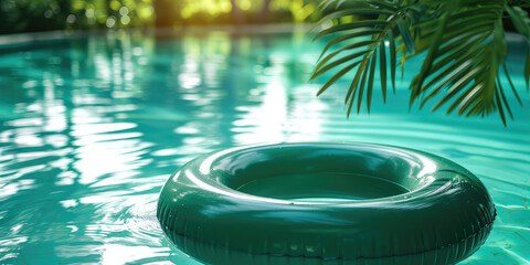 Fototapeta na wymiar Tropical Poolside Leisure. Inflatable green circle pool float bobs on the sunlit water of a tranquil pool, framed by lush palm trees, copy space.