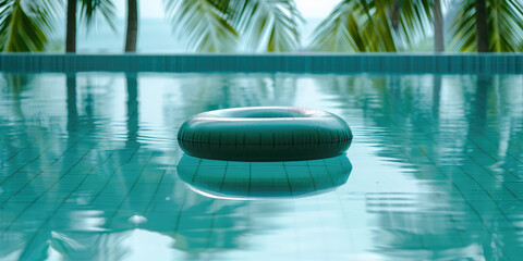 Tropical Poolside Leisure. Inflatable blue circle pool float bobs on the sunlit water of a tranquil pool, framed by lush palm trees, copy space.