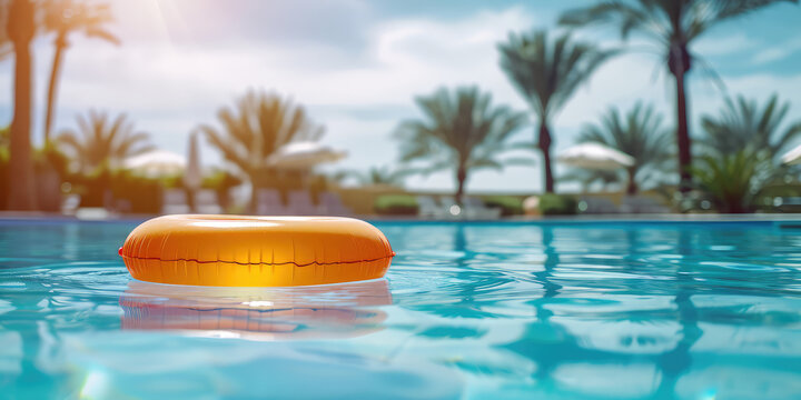 Tropical Poolside Leisure. Inflatable orange circle pool float bobs on the sunlit water of a tranquil pool, framed by lush palm trees, copy space.