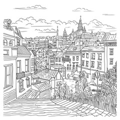 Panoramic view of the old city. Monochrome linear primitive sketch, in a naive style.