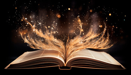 Magic book with open antique pages and abstract bokeh lights, swirl of stars and magic dust glowing on dark background, literature and education concept