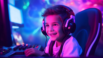 Neon color streamer child boy in headphone playing video game with winner expression at gaming room
