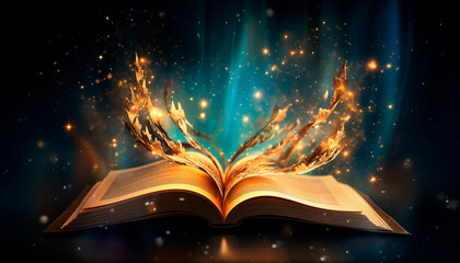 Magic book with open antique pages and abstract bokeh lights, swirl of stars and magic dust glowing on dark background, literature and education concept