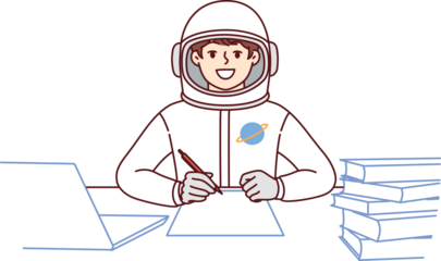 Boy astronaut does homework sitting at table with books, dressed in spacesuit for flight into space