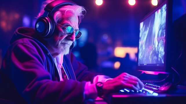 Streamer elder man in headphone playing video game, neon color.