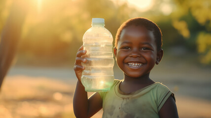 Concept for solving drinking water problems in Africa, need for pump. Smile african child holding plastic water bottle, happy childhood.