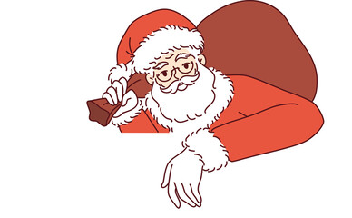 Santa claus with bag of christmas gifts leans on white banner and inviting to new year party