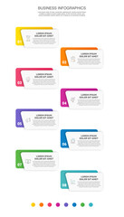 Vector business infographics design template. Timeline with eight options, steps, labels, marketing icons. Illustration used for workflow layout, diagram, flow chart, banner, info graph.