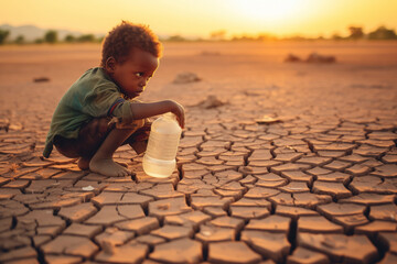 Concept global problem Africa with drinking water and drought weather. Child boy hold empty bottle against background of cracked earth, people death from thirst. - obrazy, fototapety, plakaty