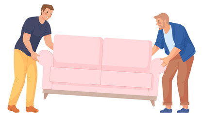 Obraz premium Men carrying sofa. People lifting couch. Moving furniture