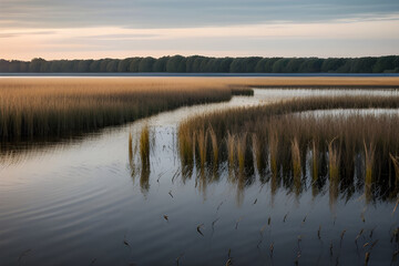 A serene marshland with reeds and waterfowl