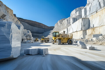 Industrial truck car transportation white blocks, sun light, Industry marble quarry.