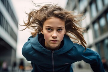 Portrait of a focused kid female doing parkour in the city. With generative AI technology