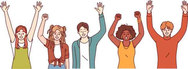 Group of children waving and celebrating start of school year and opportunity to receive education