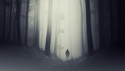 silhouette of a man walking in fog in a dark forest