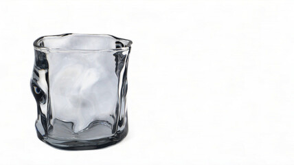 One empty curved glass glass isolated on white background. Crooked dishes.