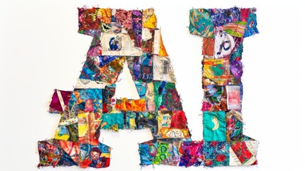 "AI" logo crafted from a patchwork of colorful fabric scraps, eclectic and creative, stitched together on a white canvas