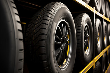 Tires for sale in shop. Car tire black banner background.