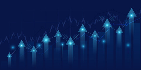 Abstract financial graph with uptrend line and arrows in stock market on blue color background - obrazy, fototapety, plakaty
