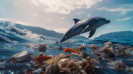 Blue dolphin floating among garbage in ocean. Concept pollution water with waste plastic and human