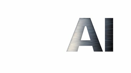 "AI" logo designed in a sleek, metallic texture, resembling brushed steel, standing out sharply against the white backdrop