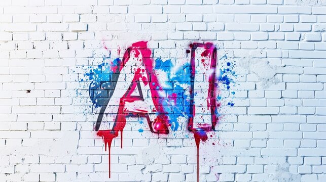 "AI" logo depicted with a graffiti spray paint style, urban and edgy, sprayed boldly onto a white brick wall