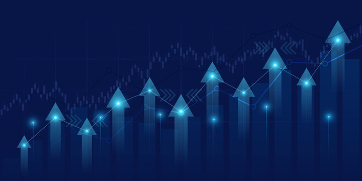 Abstract financial graph with uptrend line and arrows in stock market on blue color background