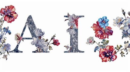 "AI" logo in an elegant floral pattern, with vibrant flowers and leaves intertwined, set against a contrasting white backdrop