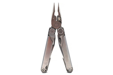 One modern gray iron open folding multifunctional knife isolated on a white background. Multitool with extended tools and pliers. Compact and portable product. Pocket knife. EDC concept.