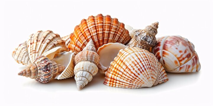 Exquisite seashells on a white backdrop. Premium image.